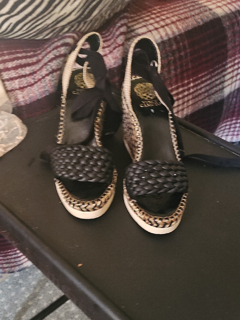 Vince Camuto Braided Black Espadrille Wedge Sandals with Ankle Tie - Women's